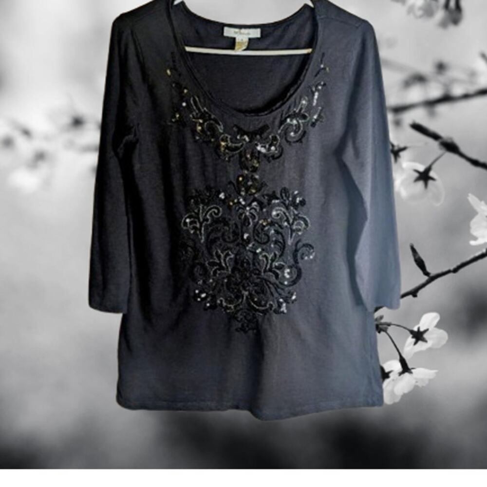 Style & Co sm long sleeve black cotton front embellishment woman's casual blouse